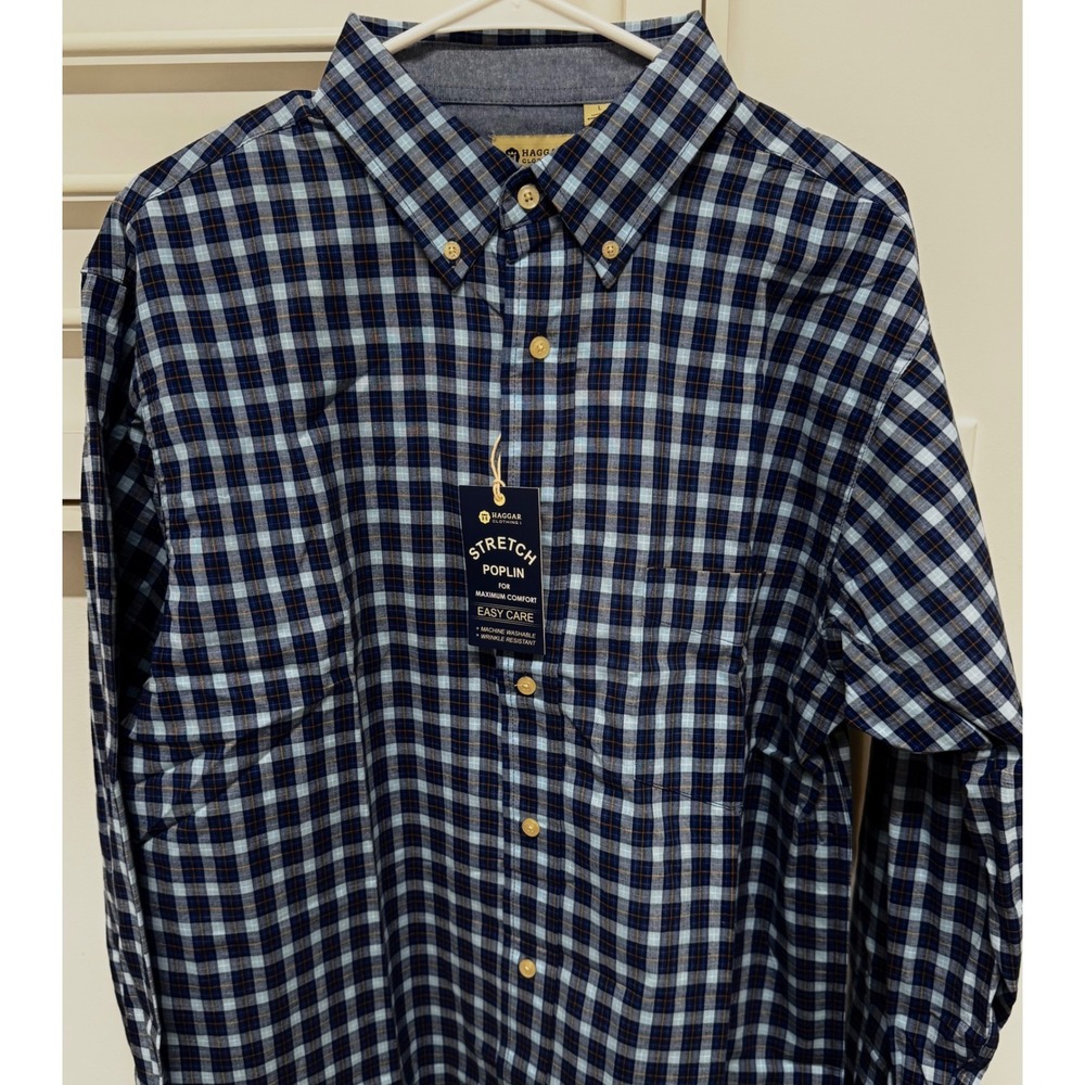 Haggar Mens Large Stretch Poplin Button Down Shirt Blue Plaid Easy Care NWT